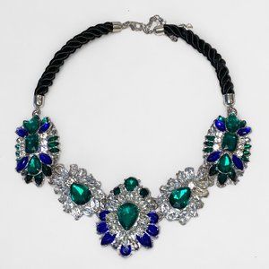 Chunky Fancy Necklace Choker Clear, Blue and Green Stones 16 in Black Rope Prom
